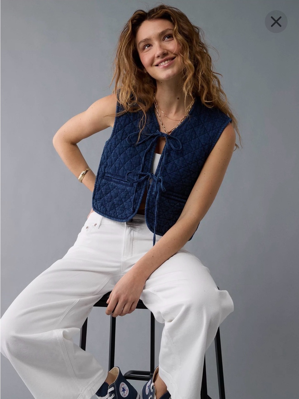 🤎 AE 🤎 Blue, Tie Front Quilted Vest (S)